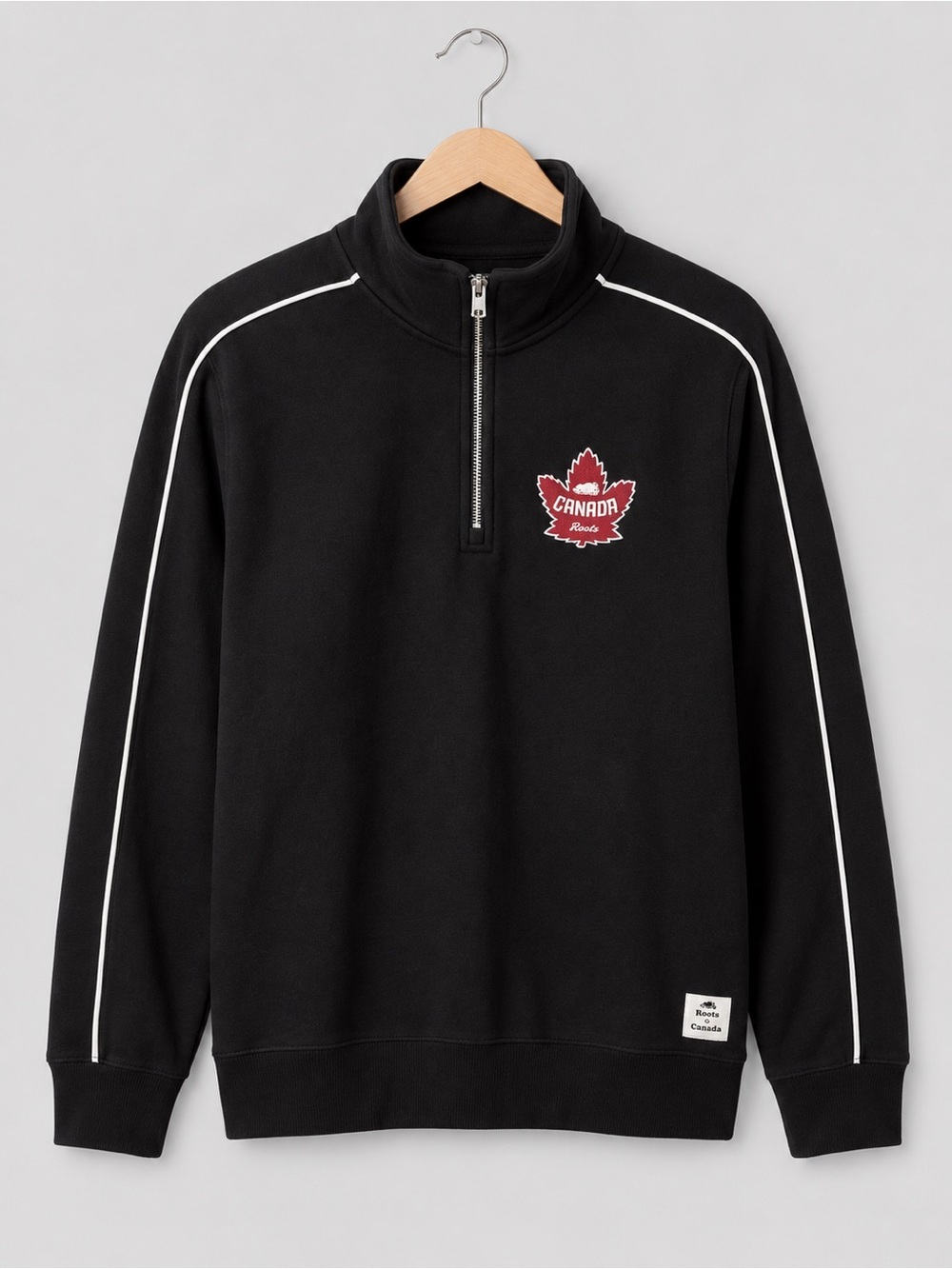 Roots Unisex Black Quarter-Zip Sweater with Canada Maple Patch